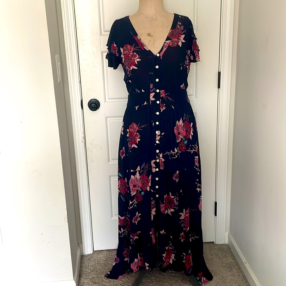 Bohemian Floral Ruffled Maxi Dress Button Front Cottage core Festival Large